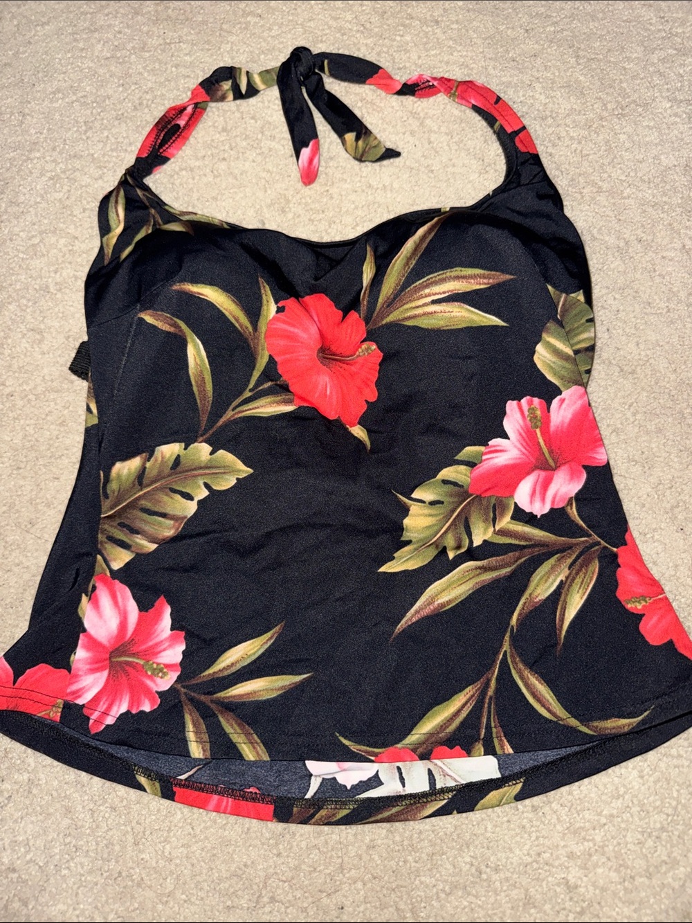 Black Floral Swim Camisole with Pink & Red Hibiscus
